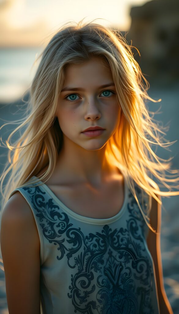 A vibrant, high-resolution image capturing a young European girl with flowing blonde hair and expressive turquoise eyes. She wears a flowing, sleeveless t-shirt adorned with intricate, ornate patterns inspired by Baroque art. The scene is bathed in golden hour light, with soft, warm tones and dynamic shadows, creating a magical, enchanting atmosphere. All against a sunset at beach.