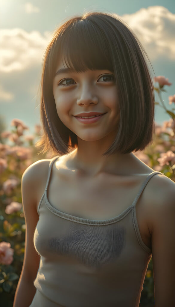 A vibrant, high-angle view of a cheerful young girl with soft brown shoulder-length straight hair and gentle bangs framing her face. Her round, expressive face is lit by a warm, golden light, casting a gentle glow. She wears a stylish, thin tank top made of fine wool, blending harmoniously with her natural beauty. The background is a dreamy, sunlit garden with blooming flowers and soft, fluffy clouds in the sky, adding a whimsical touch to the scene. The composition emphasizes her joyful expression and the serene, enchanting atmosphere.