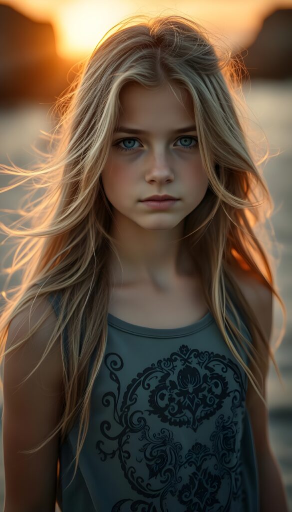 A vibrant, high-resolution image capturing a young European girl with flowing blonde hair and expressive turquoise eyes. She wears a flowing, sleeveless t-shirt adorned with intricate, ornate patterns inspired by Baroque art. The scene is bathed in golden hour light, with soft, warm tones and dynamic shadows, creating a magical, enchanting atmosphere. All against a sunset at beach.