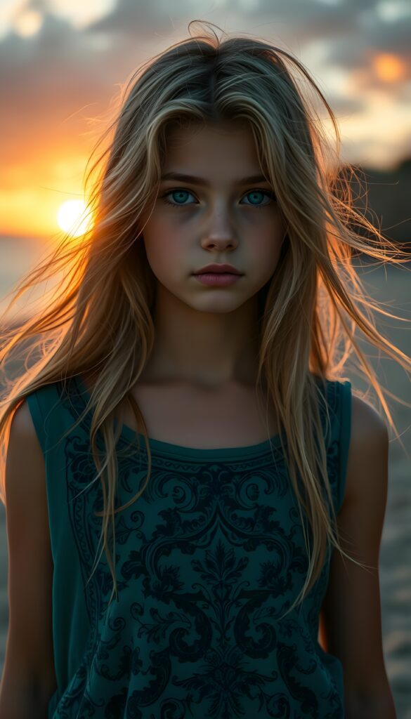 A vibrant, high-resolution image capturing a young European girl with flowing blonde hair and expressive turquoise eyes. She wears a flowing, sleeveless t-shirt adorned with intricate, ornate patterns inspired by Baroque art. The scene is bathed in golden hour light, with soft, warm tones and dynamic shadows, creating a magical, enchanting atmosphere. All against a sunset at beach.