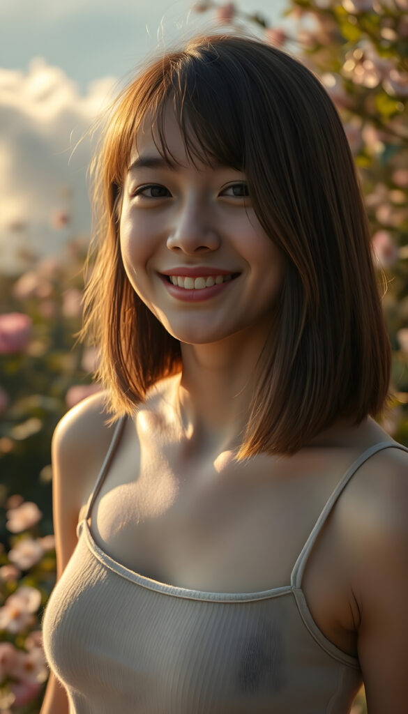 A vibrant, high-angle view of a cheerful young well busty sweetheart girl with soft brown shoulder-length straight hair and gentle bangs framing her face. Her round, expressive face is lit by a warm, golden light, casting a gentle glow. She wears a stylish, thin tank top made of fine wool, blending harmoniously with her natural beauty. The background is a dreamy, sunlit garden with blooming flowers and soft, fluffy clouds in the sky, adding a whimsical touch to the scene. The composition emphasizes her joyful expression and the serene, enchanting atmosphere.