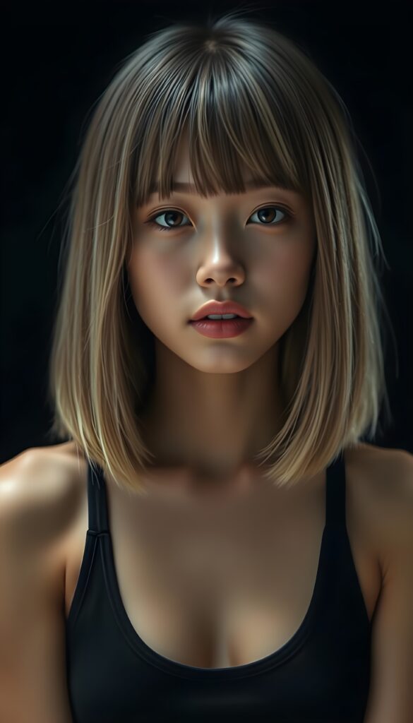 A vibrant, high-resolution portrait of a young Asian girl with luxuriously straight, thick, natural hair and blond highlights in a perfect shoulder-length bob cut and perfectly natural amber eyes. She wears a sleek, tight, thin, deep-neck dark tank top, deep neck, highlighting her flawless complexion and straight white teeth against a black backdrop, with soft, diffused lighting creating dramatic shadows.