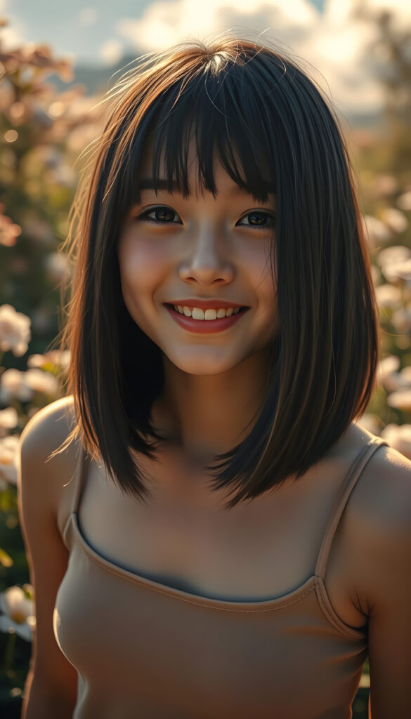 A vibrant, high-angle view of a cute young busty girl with soft black shoulder-length straight hair and gentle bangs framing her face, bob cut, blond highlights. Her round, expressive face is lit by a warm, golden light, casting a gentle glow. She wears a stylish, thin plain cropped tank top made of fine wool, blending harmoniously with her natural beauty. The background is a dreamy, sunlit garden with blooming flowers and soft, fluffy clouds in the sky, adding a whimsical touch to the scene. The composition emphasizes her joyful expression and the serene, enchanting atmosphere.