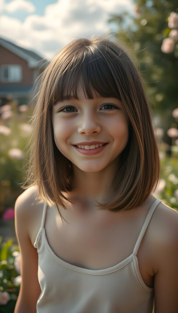 A vibrant, high-angle view of a cheerful young girl with soft brown shoulder-length straight hair and gentle bangs framing her face. Her round, expressive face is lit by a warm, golden light, casting a gentle glow. She wears a stylish, thin tank top made of fine wool, blending harmoniously with her natural beauty. The background is a dreamy, sunlit garden with blooming flowers and soft, fluffy clouds in the sky, adding a whimsical touch to the scene. The composition emphasizes her joyful expression and the serene, enchanting atmosphere.