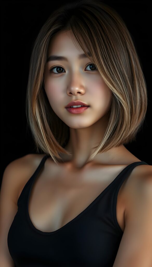 A vibrant, high-resolution portrait of a young Asian girl with luxuriously straight, thick, natural hair and blond highlights in a perfect shoulder-length bob cut and perfectly natural amber eyes. She wears a sleek, tight, thin, deep-neck dark tank top, deep neck, highlighting her flawless complexion and straight white teeth against a black backdrop, with soft, diffused lighting creating dramatic shadows.