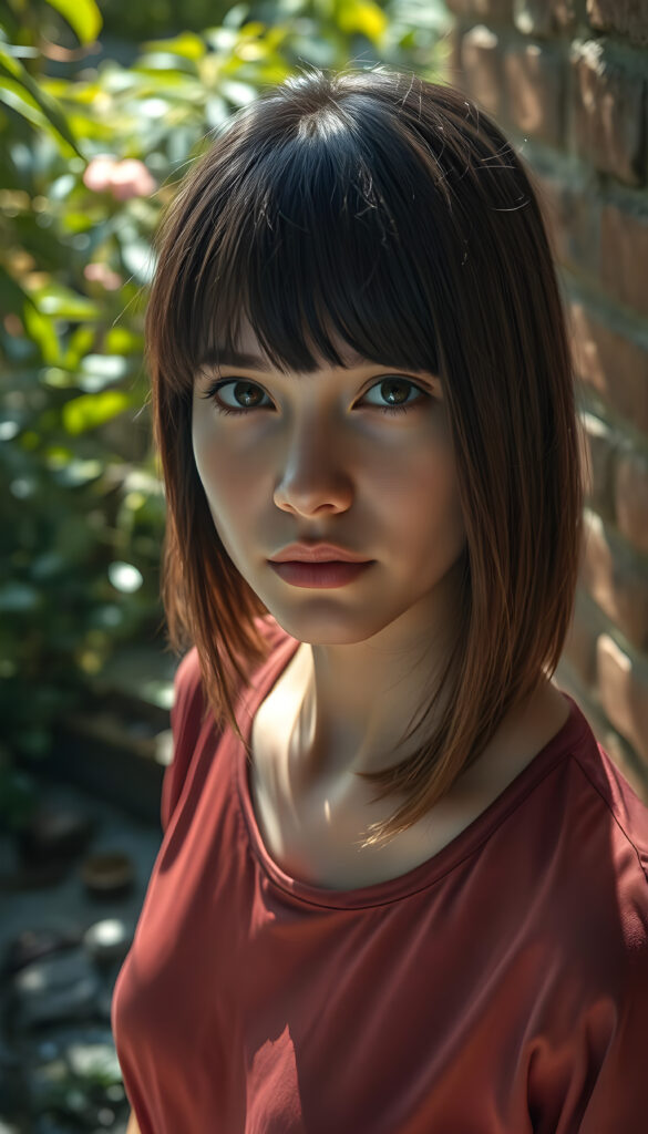 A vibrant, high-angle view captures a cute innocent young woman with soft brown, straight shoulder long hair adorned with black highlights framing her face symmetrically, bob cut. Her flawless, round face radiates fear, enhanced by the dappled sunlight filtering through nearby foliage. She wears a stylish, thin silk t-shirt in a rich, complementary color, blending seamlessly with her natural beauty. The background features a rustic brick wall, partially obscured by lush greenery and blooming flowers, creating a harmonious and picturesque scene.
