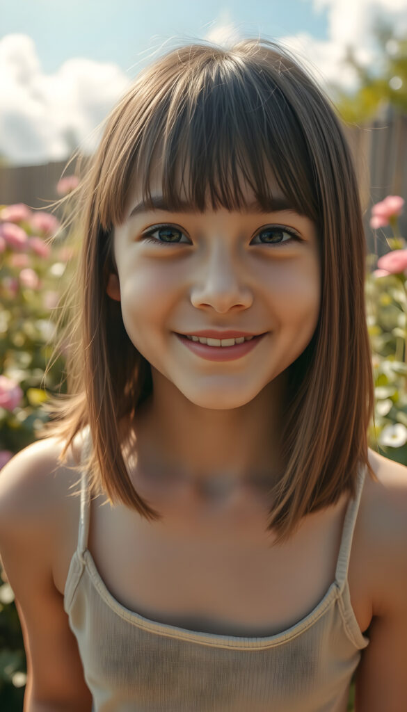 A vibrant, high-angle view of a cheerful young girl with soft brown shoulder-length straight hair and gentle bangs framing her face. Her round, expressive face is lit by a warm, golden light, casting a gentle glow. She wears a stylish, thin tank top made of fine wool, blending harmoniously with her natural beauty. The background is a dreamy, sunlit garden with blooming flowers and soft, fluffy clouds in the sky, adding a whimsical touch to the scene. The composition emphasizes her joyful expression and the serene, enchanting atmosphere.