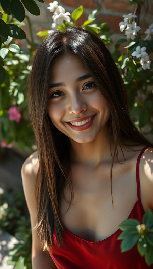 A vibrant, high-angle view captures a cheerful young woman with soft brown, straight hair adorned with black highlights framing her face symmetrically. Her flawless, round face radiates joy, enhanced by the dappled sunlight filtering through nearby foliage. She wears a stylish, thin silk tank top in a rich, complementary color, blending seamlessly with her natural beauty. The background features a rustic brick wall, partially obscured by lush greenery and blooming flowers, creating a harmonious and picturesque scene.