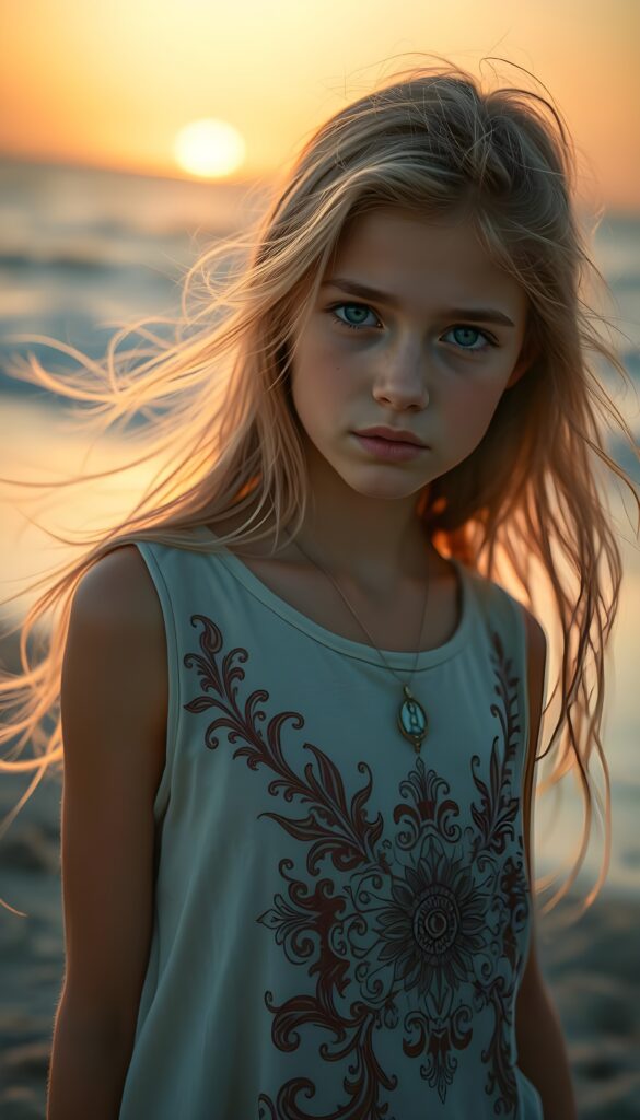 A vibrant, high-resolution image capturing a young European girl with flowing blonde hair and expressive turquoise eyes. She wears a flowing, sleeveless t-shirt adorned with intricate, ornate patterns inspired by Baroque art. The scene is bathed in golden hour light, with soft, warm tones and dynamic shadows, creating a magical, enchanting atmosphere. All against a sunset at beach.