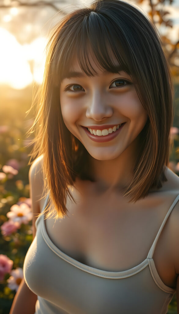 A vibrant, high-angle view of a cheerful young well busty sweetheart girl with soft brown shoulder-length straight hair and gentle bangs framing her face. Her round, expressive face is lit by a warm, golden light, casting a gentle glow. She wears a stylish, thin tank top made of fine wool, blending harmoniously with her natural beauty. The background is a dreamy, sunlit garden with blooming flowers and soft, fluffy clouds in the sky, adding a whimsical touch to the scene. The composition emphasizes her joyful expression and the serene, enchanting atmosphere.