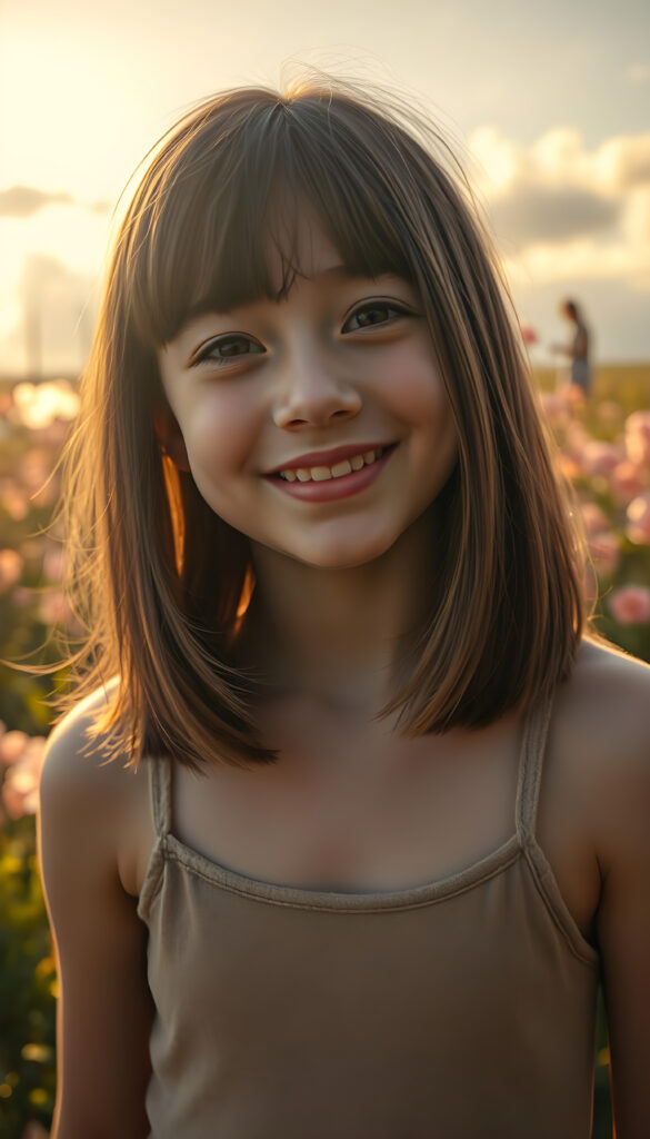 A vibrant, high-angle view of a cheerful young girl with soft brown shoulder-length straight hair and gentle bangs framing her face. Her round, expressive face is lit by a warm, golden light, casting a gentle glow. She wears a stylish, thin tank top made of fine wool, blending harmoniously with her natural beauty. The background is a dreamy, sunlit garden with blooming flowers and soft, fluffy clouds in the sky, adding a whimsical touch to the scene. The composition emphasizes her joyful expression and the serene, enchanting atmosphere.