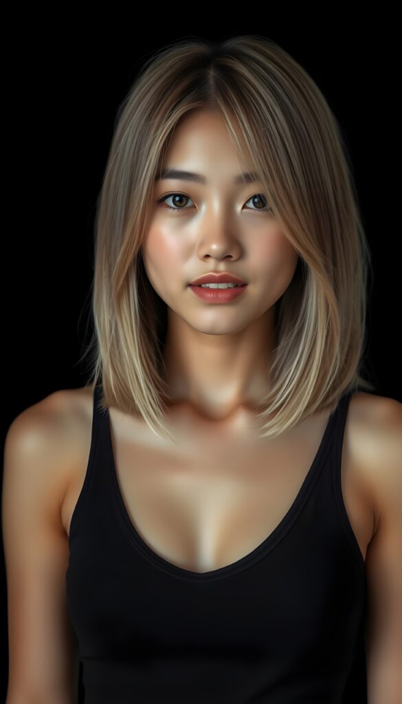 A vibrant, high-resolution portrait of a young Asian girl with luxuriously straight, thick, natural hair and blond highlights in a perfect shoulder-length bob cut and perfectly natural amber eyes. She wears a sleek, tight, thin, deep-neck dark tank top, deep neck, highlighting her flawless complexion and straight white teeth against a black backdrop, with soft, diffused lighting creating dramatic shadows.