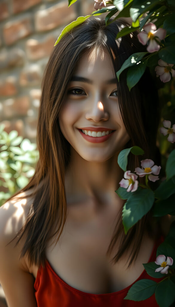 A vibrant, high-angle view captures a cheerful young woman with soft brown, straight hair adorned with black highlights framing her face symmetrically. Her flawless, round face radiates joy, enhanced by the dappled sunlight filtering through nearby foliage. She wears a stylish, thin silk tank top in a rich, complementary color, blending seamlessly with her natural beauty. The background features a rustic brick wall, partially obscured by lush greenery and blooming flowers, creating a harmonious and picturesque scene.