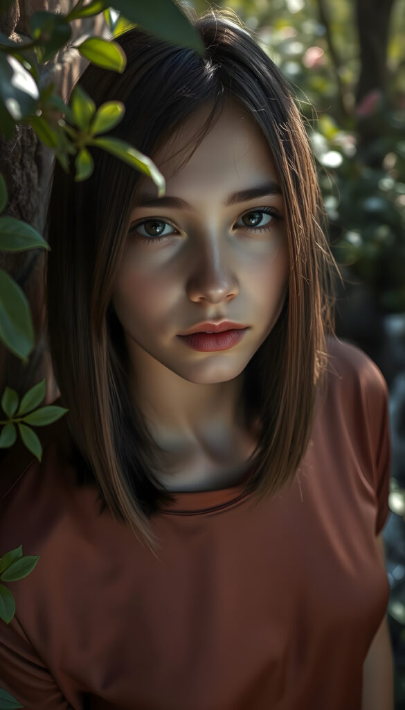 A vibrant, high-angle view captures a cute innocent young woman with soft brown, straight shoulder long hair adorned with black highlights framing her face symmetrically, bob cut. Her flawless, round face radiates fear, enhanced by the dappled sunlight filtering through nearby foliage. She wears a stylish, thin silk t-shirt in a rich, complementary color, blending seamlessly with her natural beauty. The background features a rustic brick wall, partially obscured by lush greenery and blooming flowers, creating a harmonious and picturesque scene.