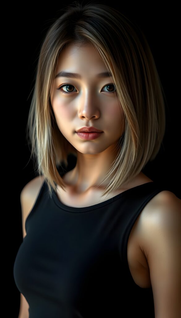 A vibrant, high-resolution portrait of a young Asian girl with luxuriously straight, thick, natural hair and blond highlights in a perfect shoulder-length bob cut and perfectly natural amber eyes. She wears a sleek, tight, thin, deep-neck dark tank top, deep neck, highlighting her flawless complexion and straight white teeth against a black backdrop, with soft, diffused lighting creating dramatic shadows.