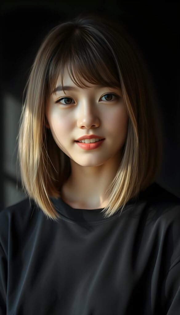 A vibrant, high-resolution portrait of a young super cute Asian girl with luxuriously straight, thick, natural hair and blond highlights in a perfect shoulder-length bob cut and perfectly natural amber eyes. She wears a black oversized t-shirt, highlighting her flawless complexion and straight white teeth against a black backdrop, with soft, diffused lighting creating dramatic shadows.