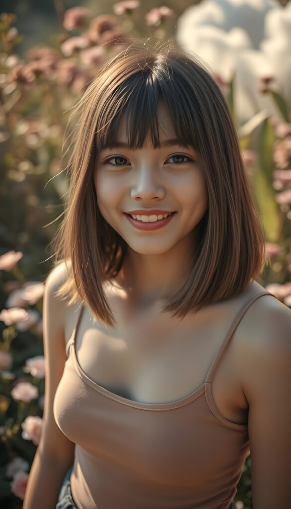 A vibrant, high-angle view of a cheerful young well busty sweetheart girl with soft brown shoulder-length straight hair and gentle bangs framing her face. Her round, expressive face is lit by a warm, golden light, casting a gentle glow. She wears a stylish, thin tank top made of fine wool, blending harmoniously with her natural beauty. The background is a dreamy, sunlit garden with blooming flowers and soft, fluffy clouds in the sky, adding a whimsical touch to the scene. The composition emphasizes her joyful expression and the serene, enchanting atmosphere.
