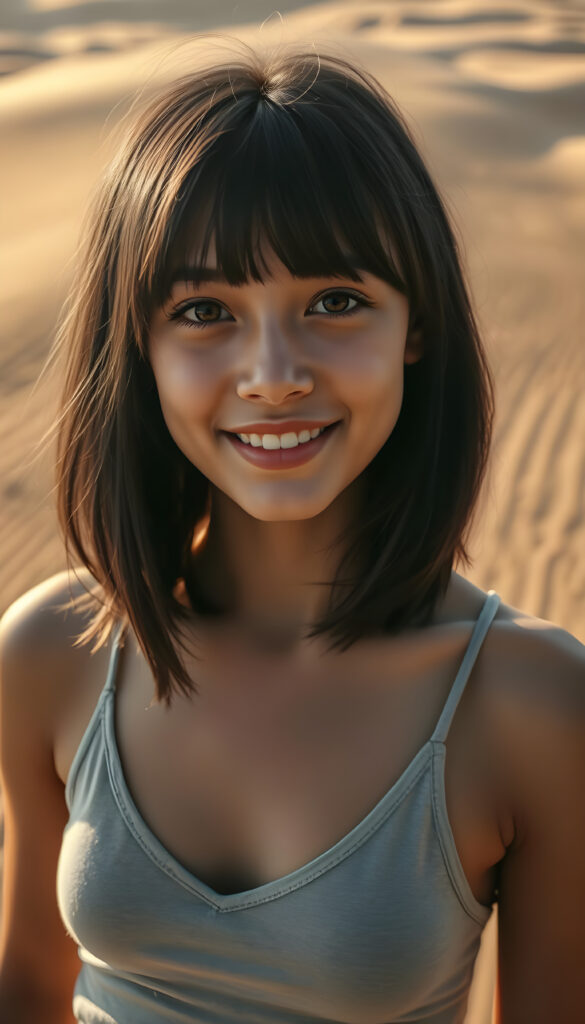 A vibrant, high-angle view of a young adult well busty girl with soft black shoulder-length straight hair and blond highlights and gentle bangs framing her face. Amber round eyes, full lips, her round, expressive face is lit by a warm, golden light, casting a gentle glow. She wears a stylish, thin light grey tank top deep v-neck, blending harmoniously with her natural beauty. The composition emphasizes her joyful expression and the serene, enchanting atmosphere, all against a backdrop in a sandy desert