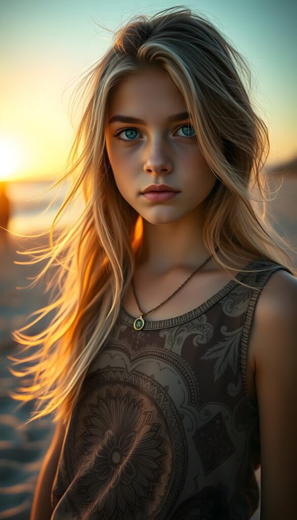 A vibrant, high-resolution image capturing a young European girl with flowing blonde hair and expressive turquoise eyes. She wears a flowing, sleeveless t-shirt adorned with intricate, ornate patterns inspired by Baroque art. The scene is bathed in golden hour light, with soft, warm tones and dynamic shadows, creating a magical, enchanting atmosphere. All against a sunset at beach.