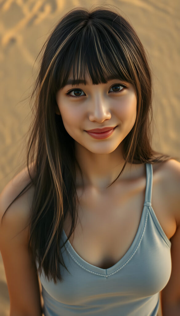 A vibrant, high-angle view of a young adult well busty girl with soft black shoulder-length straight hair and blond highlights and gentle bangs framing her face. Amber round eyes, full lips, her round, expressive face is lit by a warm, golden light, casting a gentle glow. She wears a stylish, thin light grey tank top deep v-neck, blending harmoniously with her natural beauty. The composition emphasizes her joyful expression and the serene, enchanting atmosphere, all against a backdrop in a sandy desert