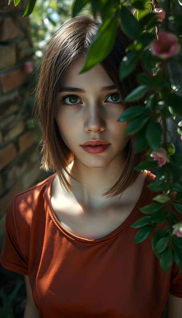 A vibrant, high-angle view captures a cute innocent young woman with soft brown, straight shoulder long hair adorned with black highlights framing her face symmetrically, bob cut. Her flawless, round face radiates fear, enhanced by the dappled sunlight filtering through nearby foliage. She wears a stylish, thin silk t-shirt in a rich, complementary color, blending seamlessly with her natural beauty. The background features a rustic brick wall, partially obscured by lush greenery and blooming flowers, creating a harmonious and picturesque scene.