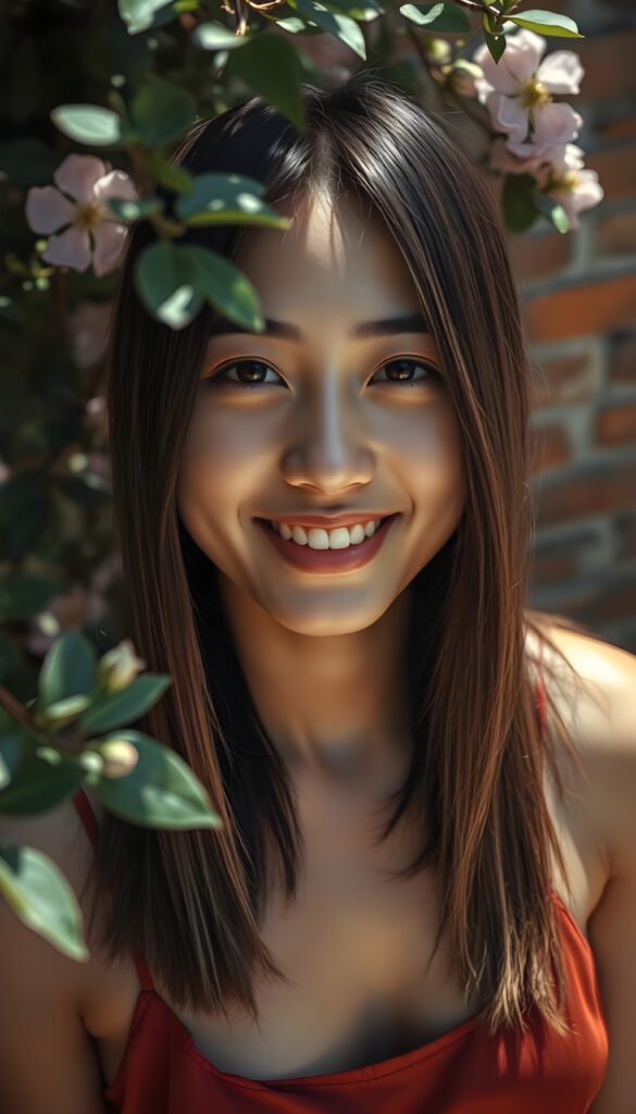 A vibrant, high-angle view captures a cheerful young woman with soft brown, straight hair adorned with black highlights framing her face symmetrically. Her flawless, round face radiates joy, enhanced by the dappled sunlight filtering through nearby foliage. She wears a stylish, thin silk tank top in a rich, complementary color, blending seamlessly with her natural beauty. The background features a rustic brick wall, partially obscured by lush greenery and blooming flowers, creating a harmonious and picturesque scene.