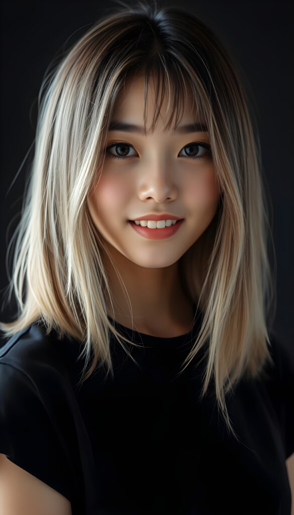 A vibrant, high-resolution portrait of a young super cute Asian girl with luxuriously straight, thick, natural hair and blond highlights in a perfect shoulder-length bob cut and perfectly natural amber eyes. She wears a black oversized t-shirt, highlighting her flawless complexion and straight white teeth against a black backdrop, with soft, diffused lighting creating dramatic shadows.