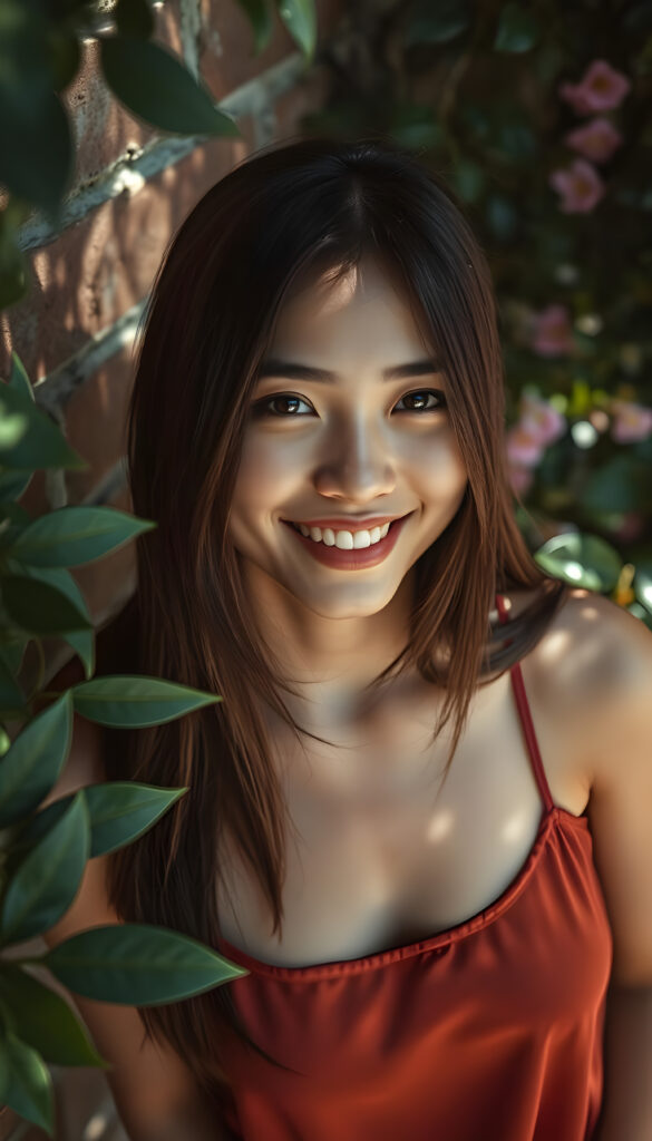 A vibrant, high-angle view captures a cheerful young woman with soft brown, straight hair adorned with black highlights framing her face symmetrically. Her flawless, round face radiates joy, enhanced by the dappled sunlight filtering through nearby foliage. She wears a stylish, thin silk tank top in a rich, complementary color, blending seamlessly with her natural beauty. The background features a rustic brick wall, partially obscured by lush greenery and blooming flowers, creating a harmonious and picturesque scene.
