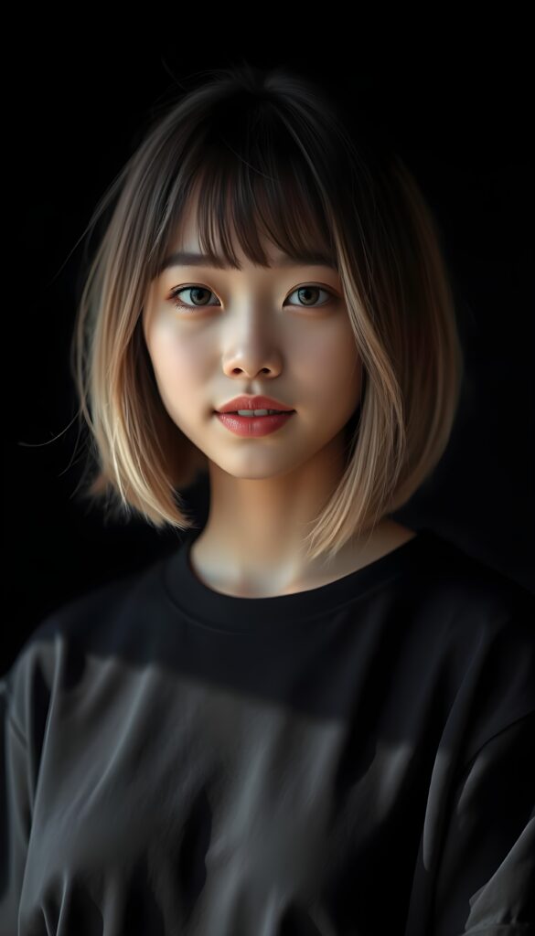 A vibrant, high-resolution portrait of a young super cute Asian girl with luxuriously straight, thick, natural hair and blond highlights in a perfect shoulder-length bob cut and perfectly natural amber eyes. She wears a black oversized t-shirt, highlighting her flawless complexion and straight white teeth against a black backdrop, with soft, diffused lighting creating dramatic shadows.