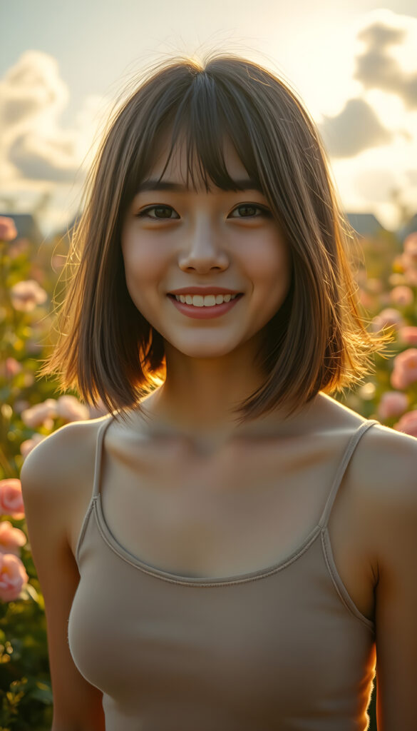 A vibrant, high-angle view of a cheerful young well busty sweetheart girl with soft brown shoulder-length straight hair and gentle bangs framing her face. Her round, expressive face is lit by a warm, golden light, casting a gentle glow. She wears a stylish, thin tank top made of fine wool, blending harmoniously with her natural beauty. The background is a dreamy, sunlit garden with blooming flowers and soft, fluffy clouds in the sky, adding a whimsical touch to the scene. The composition emphasizes her joyful expression and the serene, enchanting atmosphere.