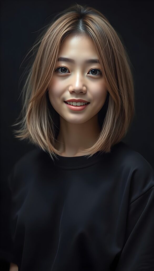 A vibrant, high-resolution portrait of a young super cute Asian girl with luxuriously straight, thick, natural hair and blond highlights in a perfect shoulder-length bob cut and perfectly natural amber eyes. She wears a black oversized t-shirt, highlighting her flawless complexion and straight white teeth against a black backdrop, with soft, diffused lighting creating dramatic shadows.