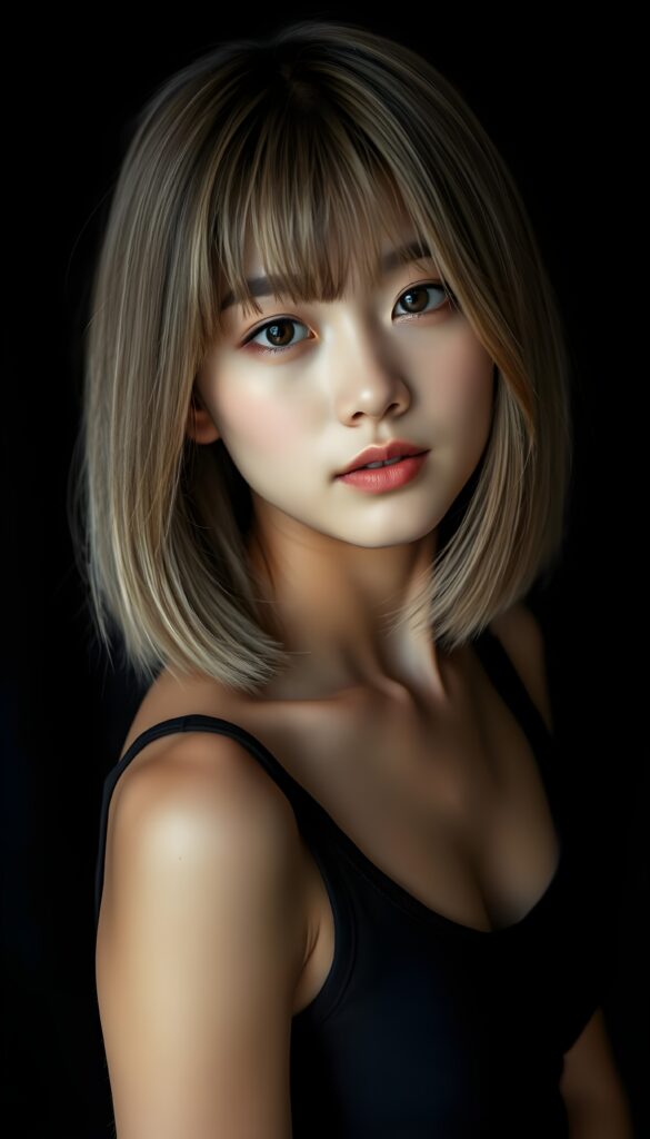 A vibrant, high-resolution portrait of a young Asian girl with luxuriously straight, thick, natural hair and blond highlights in a perfect shoulder-length bob cut and perfectly natural amber eyes. She wears a sleek, tight, thin, deep-neck dark tank top, deep neck, highlighting her flawless complexion and straight white teeth against a black backdrop, with soft, diffused lighting creating dramatic shadows.