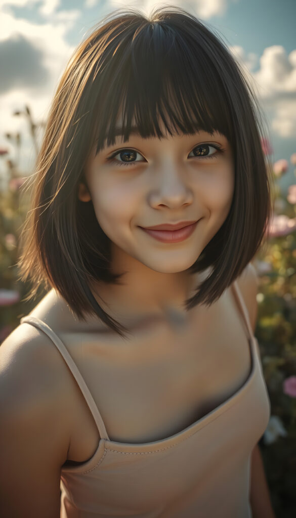 A vibrant, high-angle view of a cheerful young girl with soft brown shoulder-length straight hair and gentle bangs framing her face. Her round, expressive face is lit by a warm, golden light, casting a gentle glow. She wears a stylish, thin tank top made of fine wool, blending harmoniously with her natural beauty. The background is a dreamy, sunlit garden with blooming flowers and soft, fluffy clouds in the sky, adding a whimsical touch to the scene. The composition emphasizes her joyful expression and the serene, enchanting atmosphere.