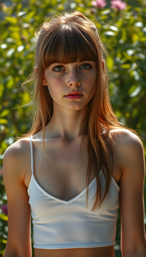 A vibrant, hyper-realistic portrait of a young girl with long, flowing red hair and bangs framing her face, wearing a white cropped tank top with a deep V-neck that accentuates her toned physique. The background is a lush, sunlit garden with vibrant green foliage, creating a bright and cheerful atmosphere. The image is rendered in a highly detailed, photorealistic style with soft, natural lighting, emphasizing the subject's youthful beauty and the vivid colors of the scene.