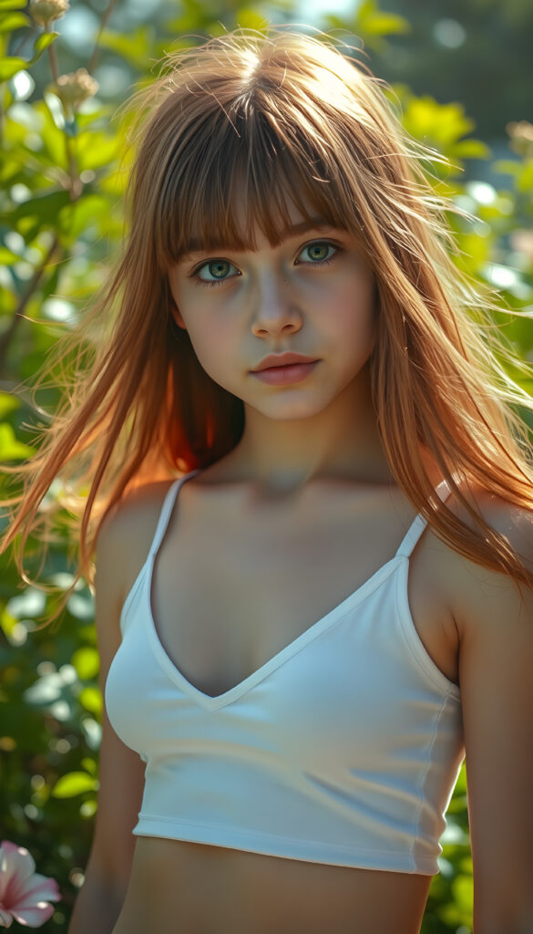 A vibrant, hyper-realistic portrait of a young girl with long, flowing red hair and bangs framing her face, wearing a white cropped tank top with a deep V-neck that accentuates her toned physique. The background is a lush, sunlit garden with vibrant green foliage, creating a bright and cheerful atmosphere. The image is rendered in a highly detailed, photorealistic style with soft, natural lighting, emphasizing the subject's youthful beauty and the vivid colors of the scene.