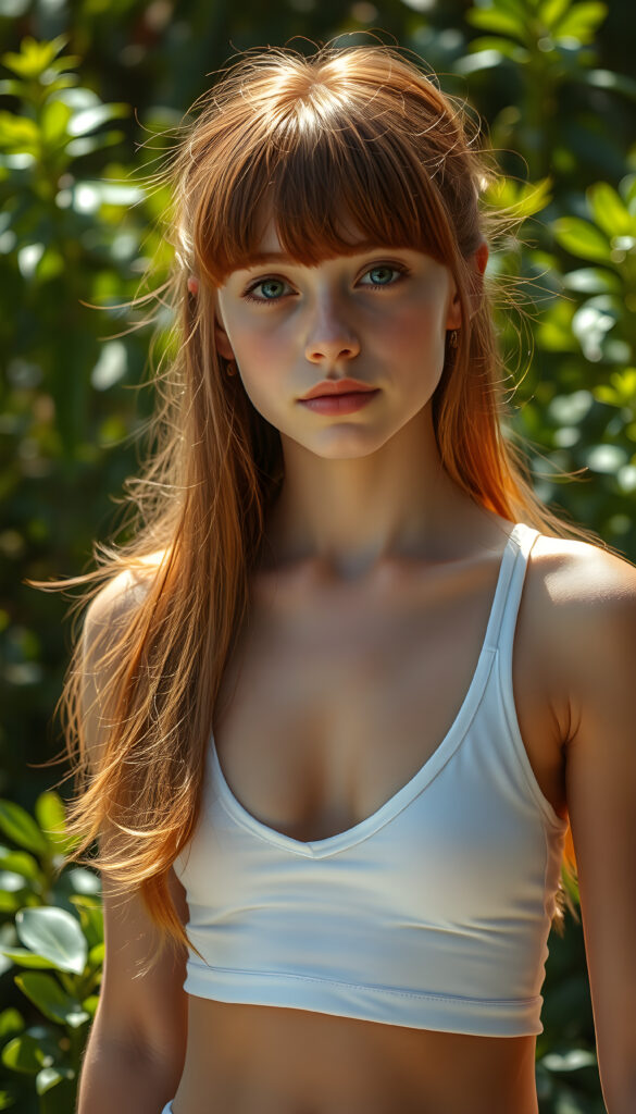 A vibrant, hyper-realistic portrait of a young girl with long, flowing red hair and bangs framing her face, wearing a white cropped tank top with a deep V-neck that accentuates her toned physique. The background is a lush, sunlit garden with vibrant green foliage, creating a bright and cheerful atmosphere. The image is rendered in a highly detailed, photorealistic style with soft, natural lighting, emphasizing the subject's youthful beauty and the vivid colors of the scene.