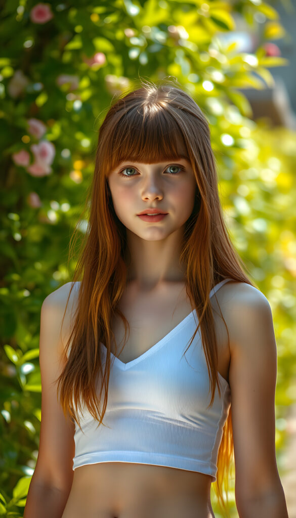 A vibrant, hyper-realistic portrait of a young girl with long, flowing red hair and bangs framing her face, wearing a white cropped tank top with a deep V-neck that accentuates her toned physique. The background is a lush, sunlit garden with vibrant green foliage, creating a bright and cheerful atmosphere. The image is rendered in a highly detailed, photorealistic style with soft, natural lighting, emphasizing the subject's youthful beauty and the vivid colors of the scene.