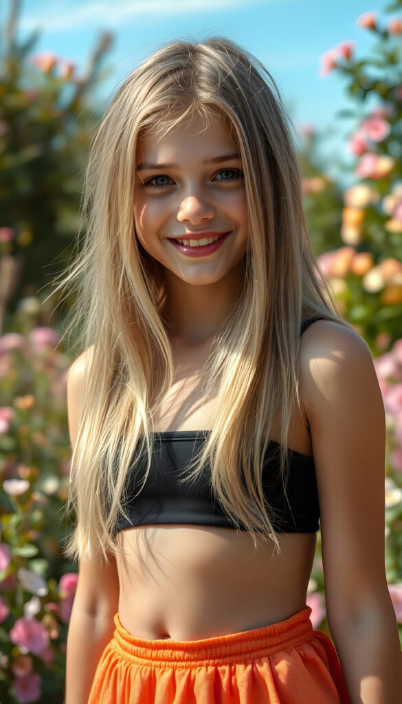 A vibrant, imaginative portrait of a young girl with flowing, straight blonde hair, styled in a soft, natural wave. She wears a stylish short black crop top that contrasts beautifully with her skirt, which is short, round, and a vivid, shimmering spring color, reflecting the joy of the season. The background is a lush, blooming garden with pastel-colored flowers and a clear blue sky, creating a harmonious blend of nature and fashion. The lighting is soft and warm, highlighting her radiant smile and the intricate details of her outfit, making the entire scene feel fresh and lively. Round belly button