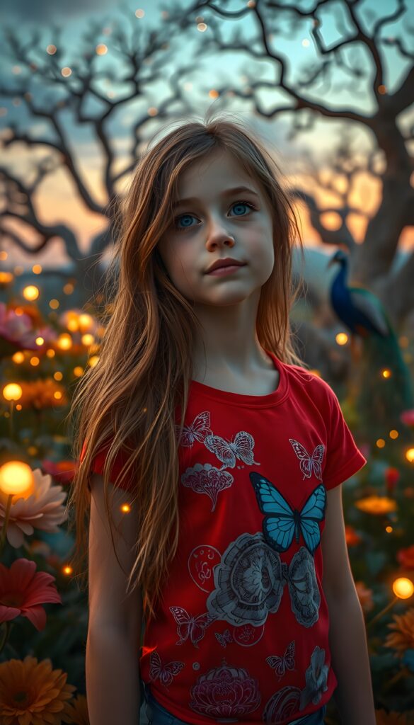 A vibrant, imaginative scene featuring a young girl with long, flowing auburn hair cascading down her shoulders, her large blue eyes gazing dreamily into the distance. She wears a striking red thigh t-shirt adorned with intricate patterns of swirling clouds and dancing butterflies. The setting is a whimsical, enchanted garden filled with oversized flowers in every hue of the rainbow, glowing softly under a twilight sky. Ethereal fireflies illuminate the scene, casting a magical glow. In the background, majestic peacocks with iridescent feathers strut gracefully among ancient, twisting trees. The atmosphere is serene and mystical, evoking a sense of wonder and adventure.