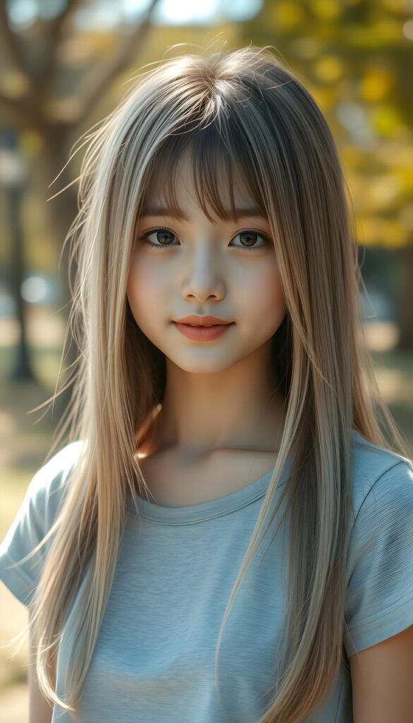 A vibrant, imaginative scene featuring a petite girl with light straight soft open long hair. Her hair has the same length on both sides and falls down. Her expression is a subtle, knowing smile, engaging with the viewer. The image is highly detailed, with rich saturation and deep shadows, emphasizing the depth and texture of her hair, all set in an ultra-high-resolution, 4k masterpiece. She wears a light grey plain thin t-shirt that support her beautiful female body. All against a sunny day in a park.