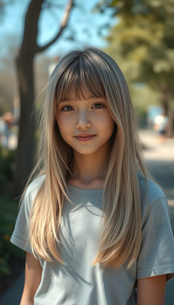A vibrant, imaginative scene featuring a petite girl with light straight soft open long hair. Her hair has the same length on both sides and falls down. Her expression is a subtle, knowing smile, engaging with the viewer. The image is highly detailed, with rich saturation and deep shadows, emphasizing the depth and texture of her hair, all set in an ultra-high-resolution, 4k masterpiece. She wears a light grey plain thin t-shirt that support her beautiful female body. All against a sunny day in a park.
