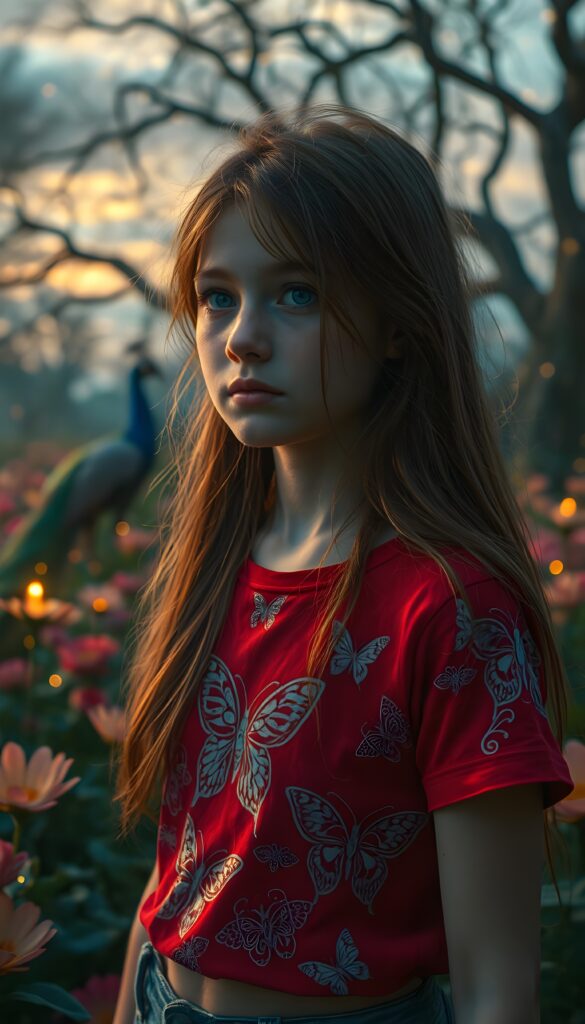 A vibrant, imaginative scene featuring a young girl with long, flowing auburn hair cascading down her shoulders, her large blue eyes gazing dreamily into the distance. She wears a striking red thigh t-shirt adorned with intricate patterns of swirling clouds and dancing butterflies. The setting is a whimsical, enchanted garden filled with oversized flowers in every hue of the rainbow, glowing softly under a twilight sky. Ethereal fireflies illuminate the scene, casting a magical glow. In the background, majestic peacocks with iridescent feathers strut gracefully among ancient, twisting trees. The atmosphere is serene and mystical, evoking a sense of wonder and adventure.