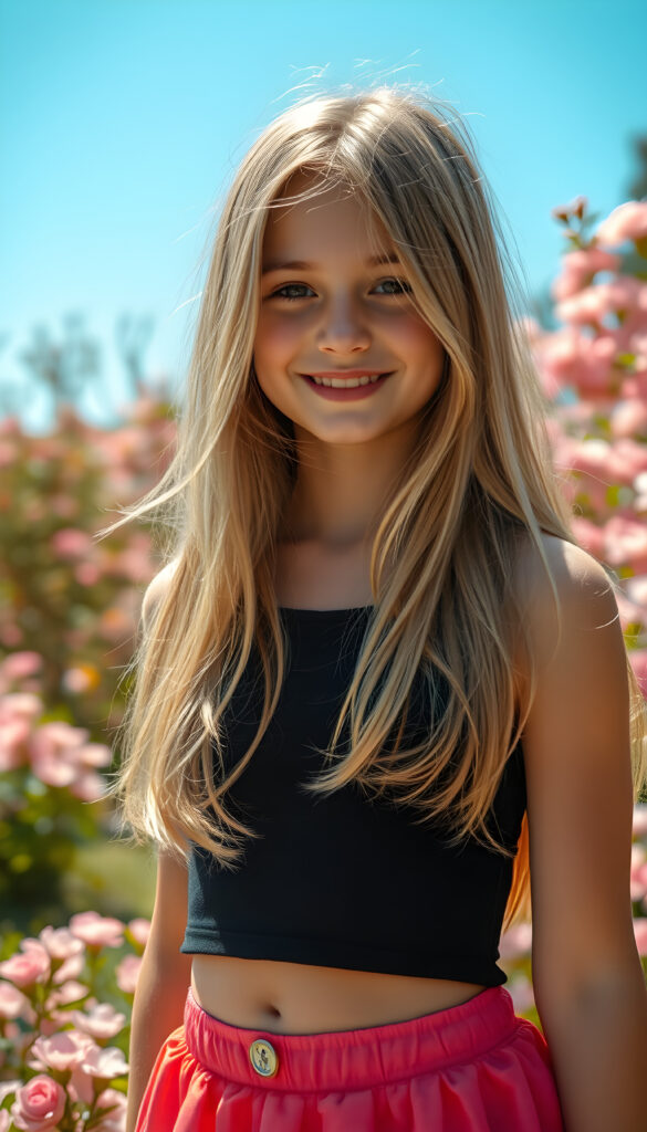 A vibrant, imaginative portrait of a young girl with flowing, straight blonde hair, styled in a soft, natural wave. She wears a stylish short black crop top that contrasts beautifully with her skirt, which is short, round, and a vivid, shimmering spring color, reflecting the joy of the season. The background is a lush, blooming garden with pastel-colored flowers and a clear blue sky, creating a harmonious blend of nature and fashion. The lighting is soft and warm, highlighting her radiant smile and the intricate details of her outfit, making the entire scene feel fresh and lively. Round belly button