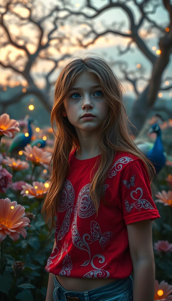 A vibrant, imaginative scene featuring a young girl with long, flowing auburn hair cascading down her shoulders, her large blue eyes gazing dreamily into the distance. She wears a striking red thigh t-shirt adorned with intricate patterns of swirling clouds and dancing butterflies. The setting is a whimsical, enchanted garden filled with oversized flowers in every hue of the rainbow, glowing softly under a twilight sky. Ethereal fireflies illuminate the scene, casting a magical glow. In the background, majestic peacocks with iridescent feathers strut gracefully among ancient, twisting trees. The atmosphere is serene and mystical, evoking a sense of wonder and adventure.