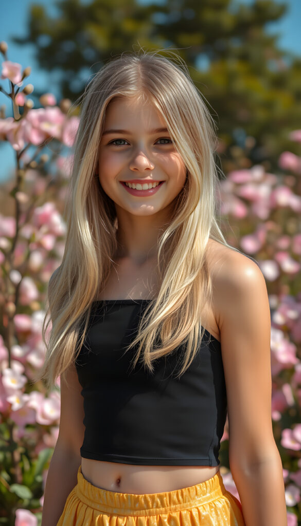 A vibrant, imaginative portrait of a young girl with flowing, straight blonde hair, styled in a soft, natural wave. She wears a stylish short black crop top that contrasts beautifully with her skirt, which is short, round, and a vivid, shimmering spring color, reflecting the joy of the season. The background is a lush, blooming garden with pastel-colored flowers and a clear blue sky, creating a harmonious blend of nature and fashion. The lighting is soft and warm, highlighting her radiant smile and the intricate details of her outfit, making the entire scene feel fresh and lively. Round belly button