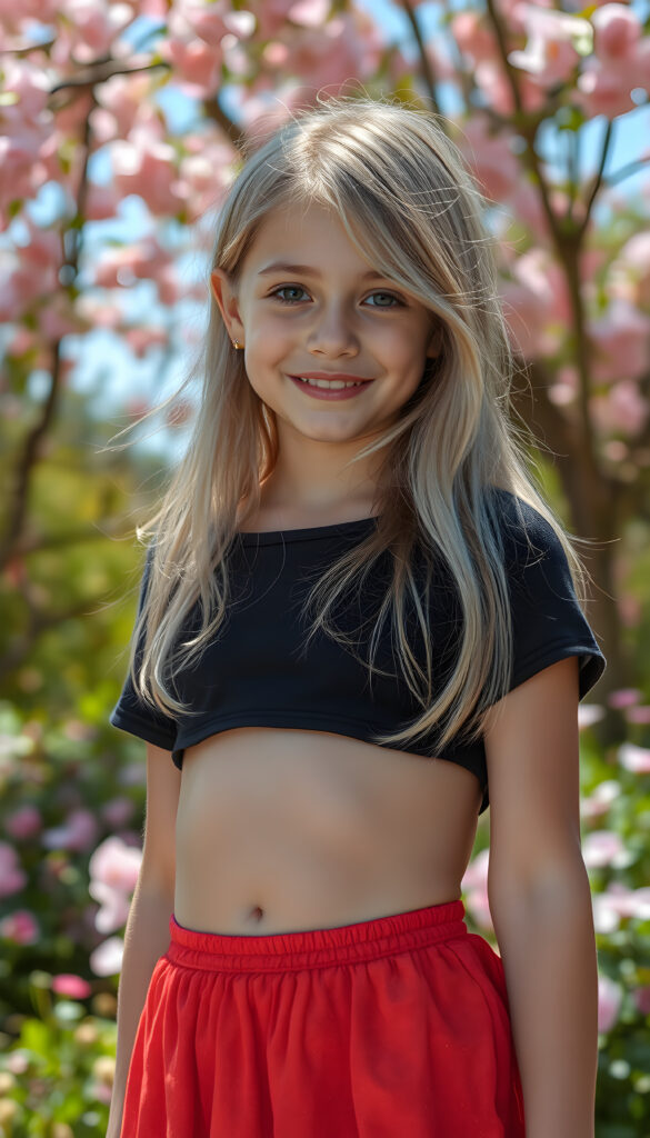 A vibrant, imaginative portrait of a young girl with flowing, straight blonde hair, styled in a soft, natural wave. She wears a stylish short black crop top that contrasts beautifully with her skirt, which is short, round, and a vivid, shimmering spring color, reflecting the joy of the season. The background is a lush, blooming garden with pastel-colored flowers and a clear blue sky, creating a harmonious blend of nature and fashion. The lighting is soft and warm, highlighting her radiant smile and the intricate details of her outfit, making the entire scene feel fresh and lively. Round belly button