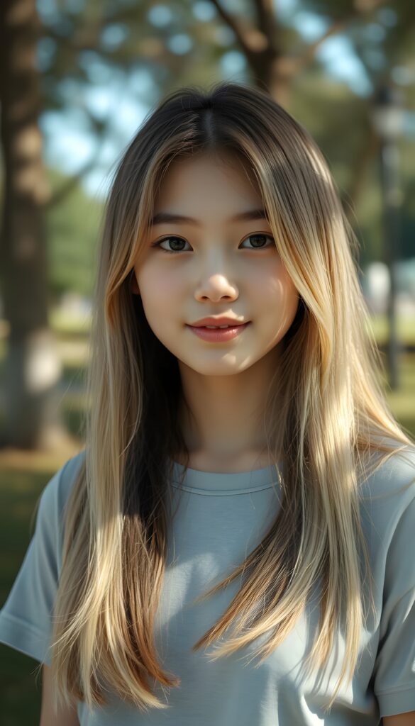 A vibrant, imaginative scene featuring a petite girl with light straight soft open long hair. Her hair has the same length on both sides and falls down. Her expression is a subtle, knowing smile, engaging with the viewer. The image is highly detailed, with rich saturation and deep shadows, emphasizing the depth and texture of her hair, all set in an ultra-high-resolution, 4k masterpiece. She wears a light grey plain thin t-shirt that support her beautiful female body. All against a sunny day in a park.