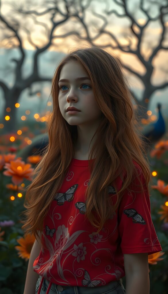 A vibrant, imaginative scene featuring a young girl with long, flowing auburn hair cascading down her shoulders, her large blue eyes gazing dreamily into the distance. She wears a striking red thigh t-shirt adorned with intricate patterns of swirling clouds and dancing butterflies. The setting is a whimsical, enchanted garden filled with oversized flowers in every hue of the rainbow, glowing softly under a twilight sky. Ethereal fireflies illuminate the scene, casting a magical glow. In the background, majestic peacocks with iridescent feathers strut gracefully among ancient, twisting trees. The atmosphere is serene and mystical, evoking a sense of wonder and adventure.