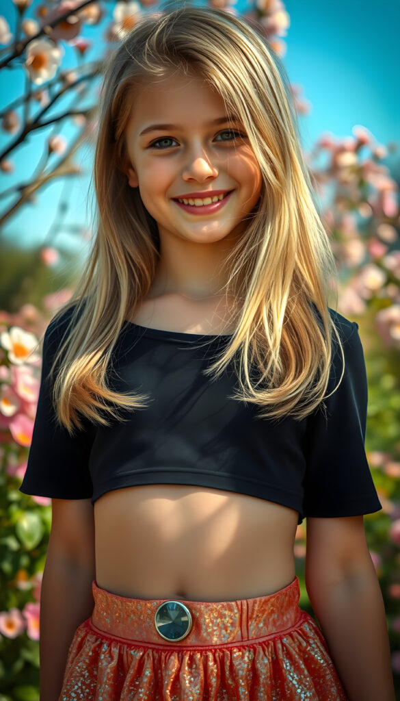 A vibrant, imaginative portrait of a young girl with flowing, straight blonde hair, styled in a soft, natural wave. She wears a stylish short black crop top that contrasts beautifully with her skirt, which is short, round, and a vivid, shimmering spring color, reflecting the joy of the season. The background is a lush, blooming garden with pastel-colored flowers and a clear blue sky, creating a harmonious blend of nature and fashion. The lighting is soft and warm, highlighting her radiant smile and the intricate details of her outfit, making the entire scene feel fresh and lively. Round belly button