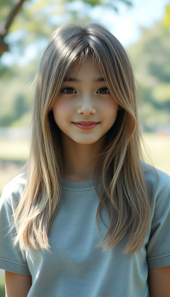 A vibrant, imaginative scene featuring a petite girl with light straight soft open long hair. Her hair has the same length on both sides and falls down. Her expression is a subtle, knowing smile, engaging with the viewer. The image is highly detailed, with rich saturation and deep shadows, emphasizing the depth and texture of her hair, all set in an ultra-high-resolution, 4k masterpiece. She wears a light grey plain thin t-shirt that support her beautiful female body. All against a sunny day in a park.